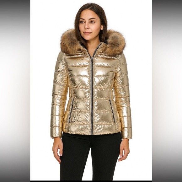 Puffer Jacket Winter Women Warm Quilted Bubble Fur Hood Coat Medium Gold Shimmer - Picture 1 of 16